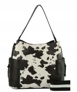 Cow Printed Shoulder Bag Hobo with Guitar Strap LV0321 BLACK
